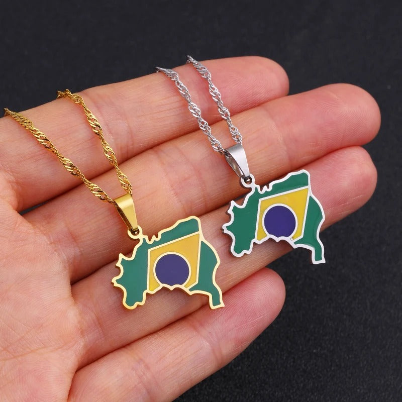 Brazil Map & Flag Pendant Necklace