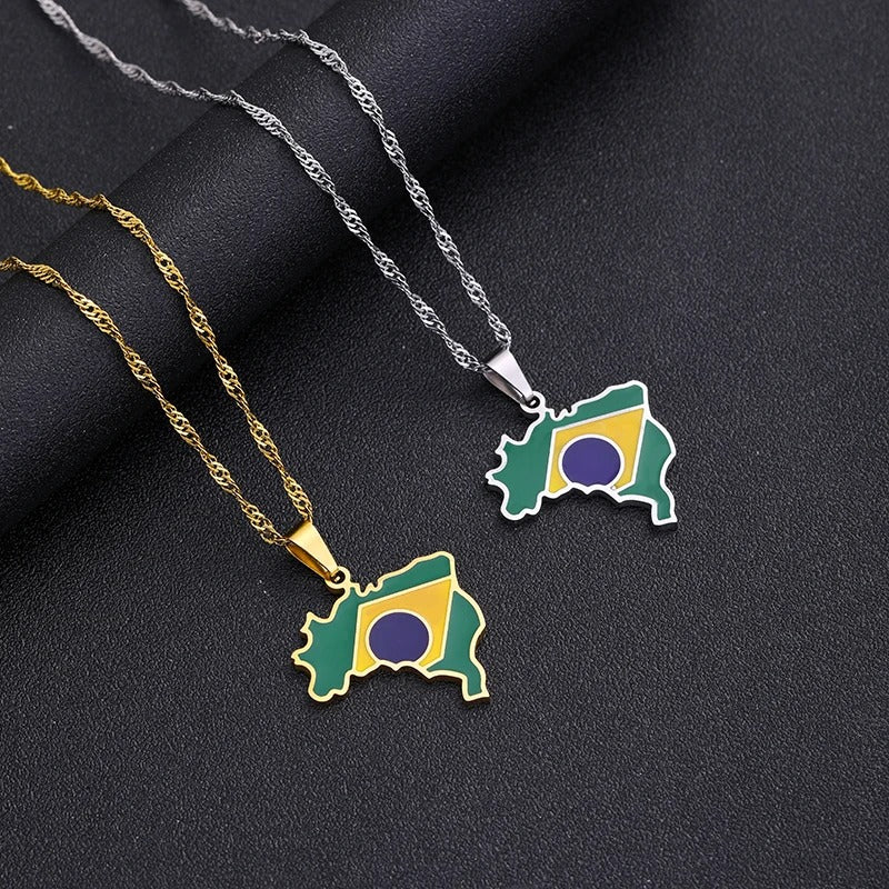 Brazil Map & Flag Pendant Necklace