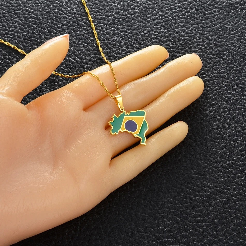 Brazil Map & Flag Pendant Necklace