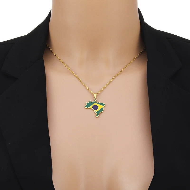 Brazil Map & Flag Pendant Necklace