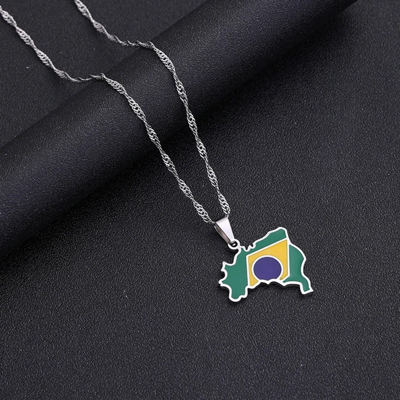 Brazil Map & Flag Pendant Necklace