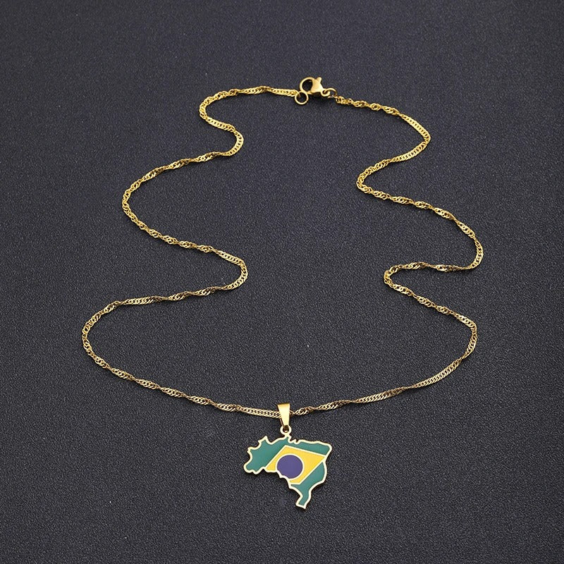Brazil Map & Flag Pendant Necklace