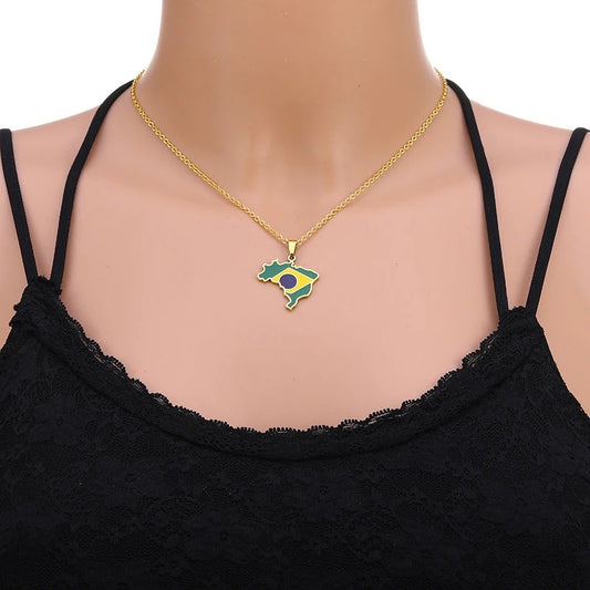 Brazil Stainless Steel Map & Flag Pendant Necklace