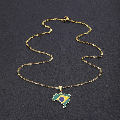 Brazil Map & Flag Pendant Necklace